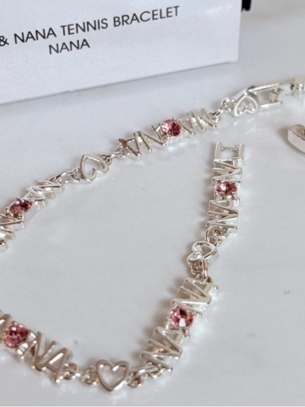 Avon NANA Personalized Tennis Bracelet Pink Rhinestone Heart Links Silver NIB